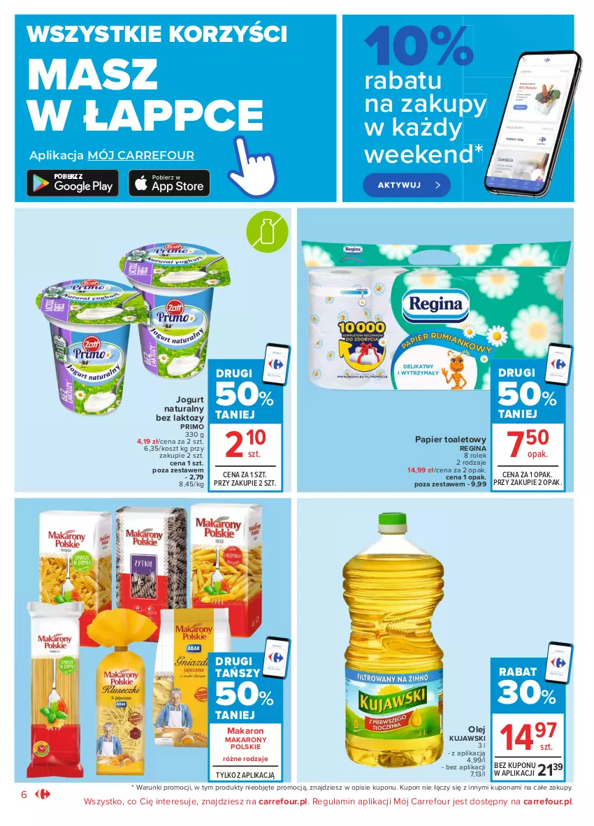 Gazetka promocyjna Carrefour - Gazetka Market - ważna 05.04 do 17.04.2021 - strona 6 - produkty: Gin, Jogurt, Jogurt naturalny, Kosz, Kujawski, Makaron, Olej, Papier, Papier toaletowy