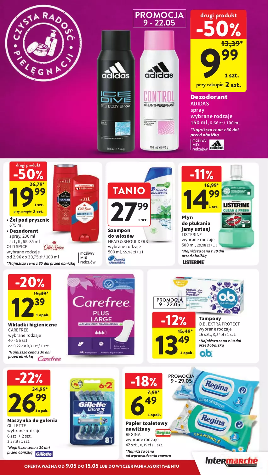 Gazetka promocyjna Intermarche - Gazetka Intermarche - ważna 09.05 do 15.05.2024 - strona 35 - produkty: Adidas, Carefree, Dezodorant, Gillette, Gin, Listerine, Maszynka, Maszynka do golenia, O.B., Old Spice, Papier, Papier toaletowy, Płyn do płukania, Płyn do płukania jamy ustnej, Szampon, Szynka, Tampony, Wkładki