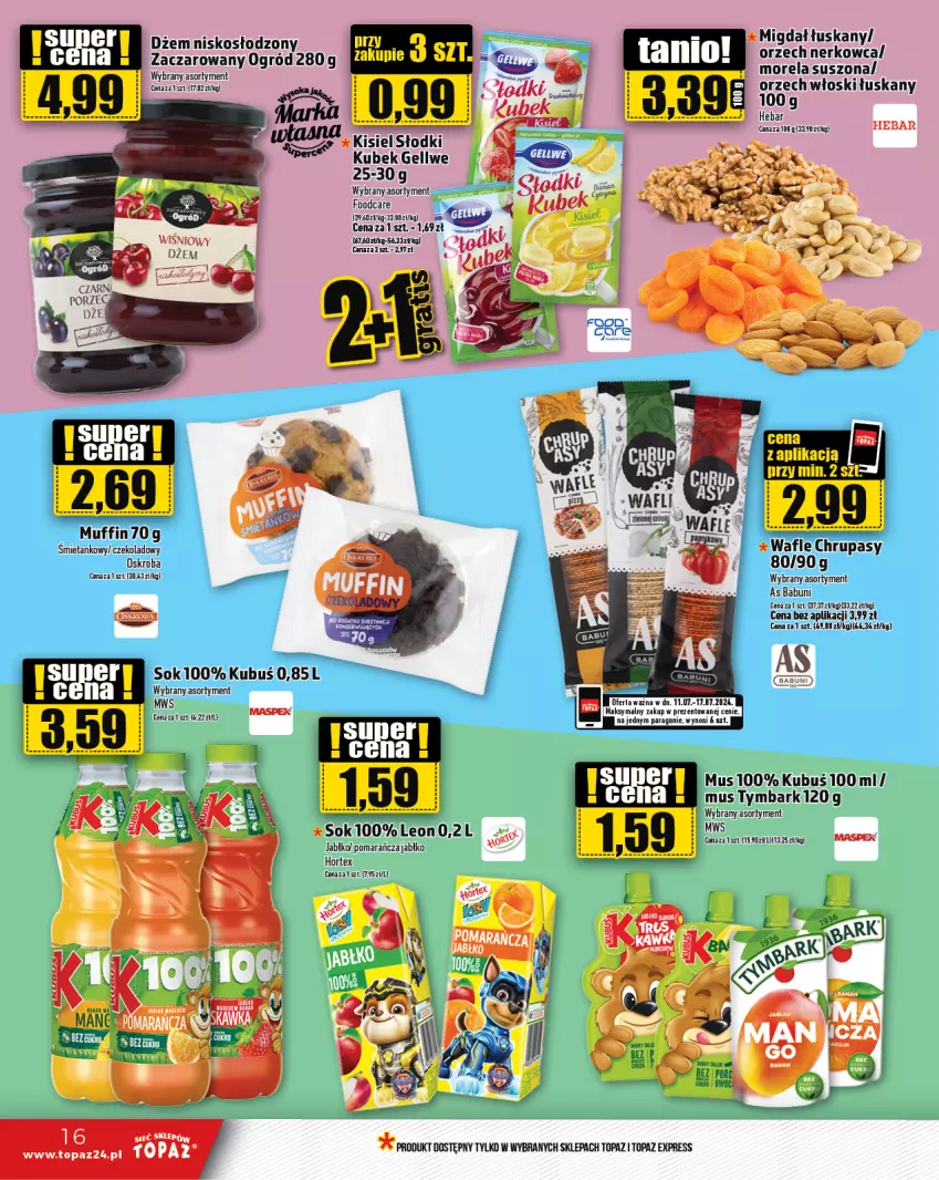 Gazetka promocyjna Topaz - Gazetka - ważna 11.07 do 17.07.2024 - strona 16 - produkty: Babuni, Dżem, Hortex, Kubek, Kubuś, Mus, Ogród, Sok, Top, Tymbark, Wafle