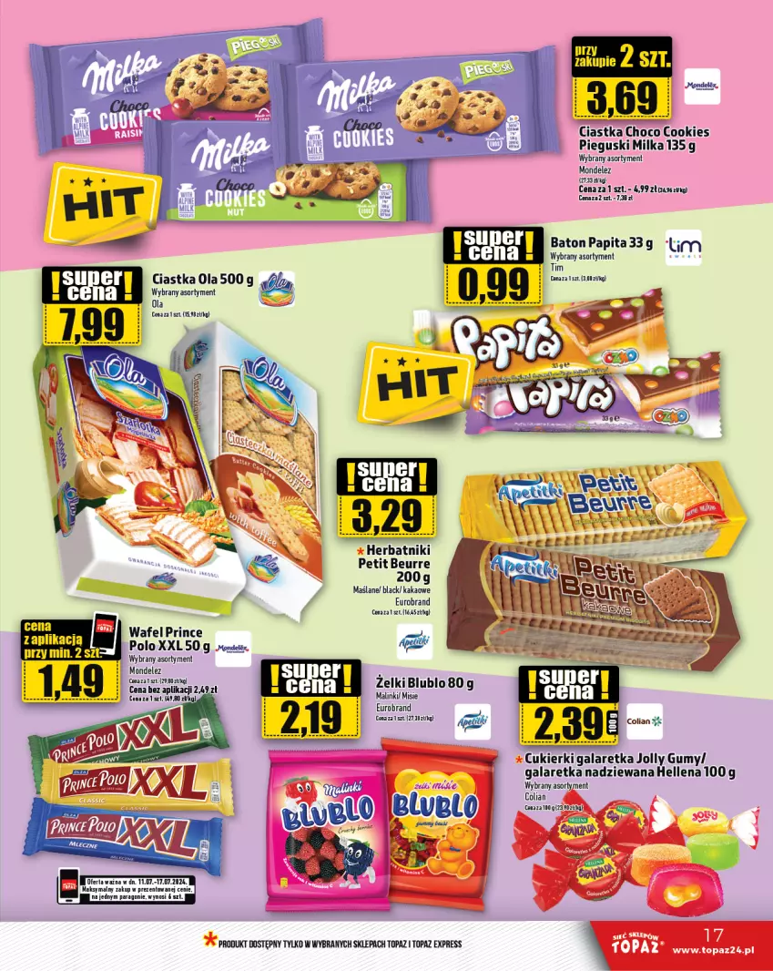 Gazetka promocyjna Topaz - Gazetka - ważna 11.07 do 17.07.2024 - strona 17 - produkty: Baton, Ciastka, Cukier, Cukierki, Gala, Galaretka, Hellena, Herbatniki, Kakao, Lack, Milka, Top