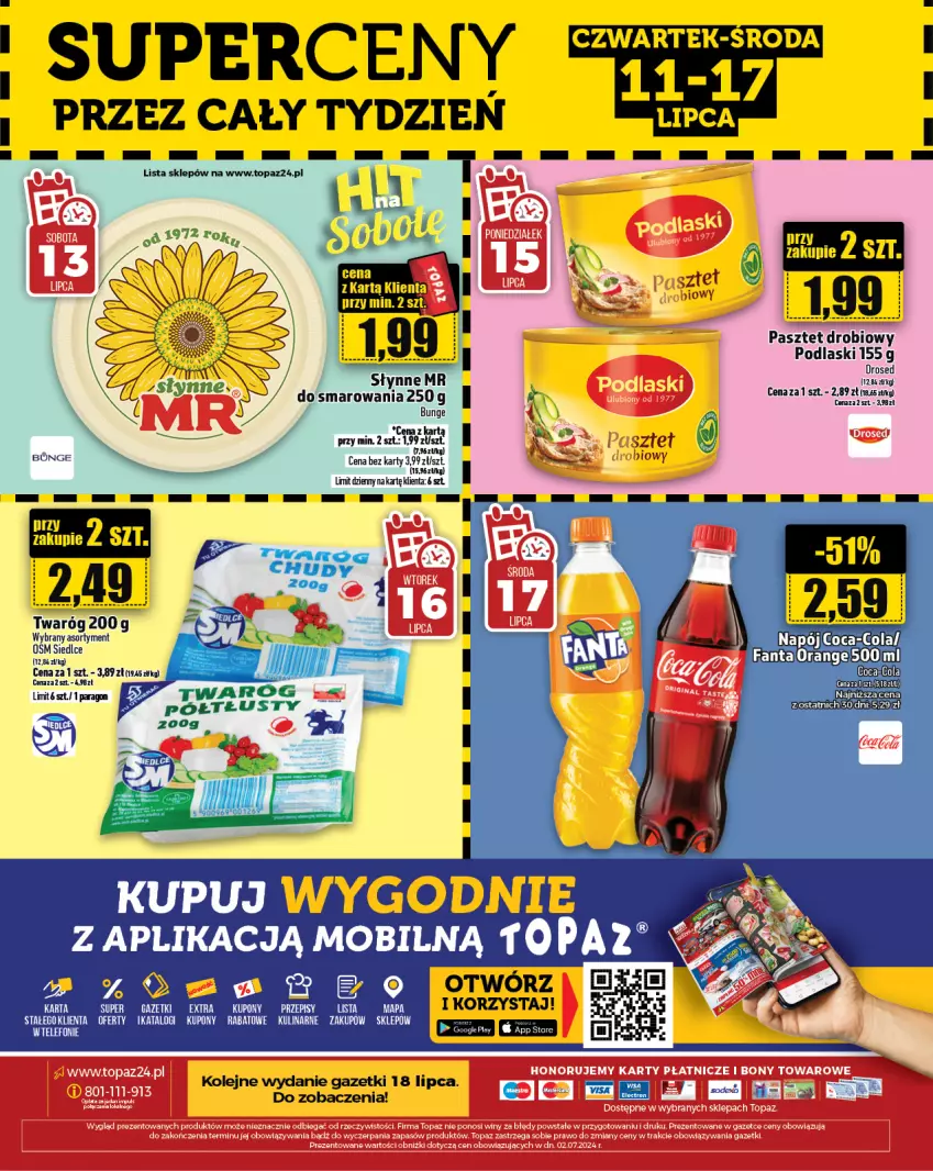 Gazetka promocyjna Topaz - Gazetka - ważna 11.07 do 17.07.2024 - strona 24 - produkty: Coca-Cola, Fa, Fanta, Mobil, Napój, Olej, Pasztet, Piec, Podlaski, Telefon, Top, Twaróg