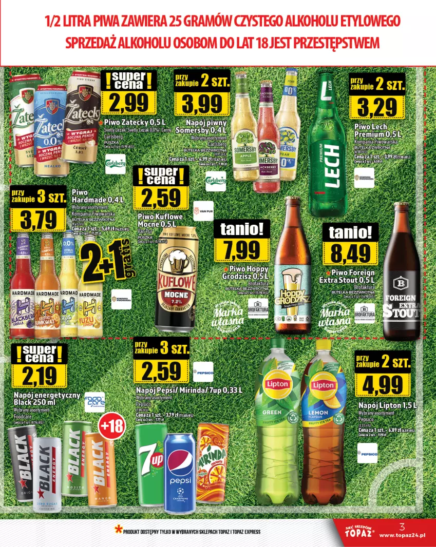 Gazetka promocyjna Topaz - Gazetka - ważna 11.07 do 17.07.2024 - strona 3 - produkty: 7up, Gra, K2, Lack, Lipton, Mirinda, Napój, Napój energetyczny, Pepsi, Piwa, Piwo, Somersby, Top