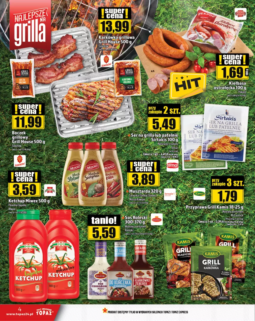 Gazetka promocyjna Topaz - Gazetka - ważna 11.07 do 17.07.2024 - strona 4 - produkty: Boczek, Grill, Kamis, Kiełbasa, Ser, Sos, Top