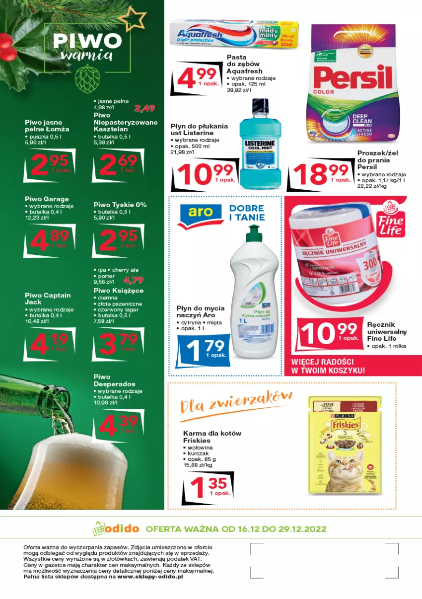 Gazetka promocyjna Odido - Gazetka - ważna 16.12 do 29.12.2022 - strona 8 - produkty: Aquafresh, Desperados, Friskies, Kasztelan, Książęce, Kurczak, Pasta do zębów, Persil, Piwo, Piwo jasne, Płyn do mycia, Ręcznik, Tyskie, Wołowina