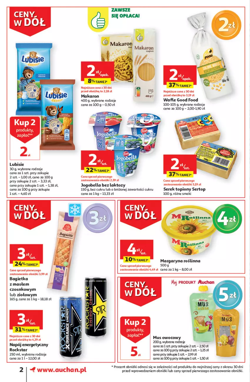 Gazetka promocyjna Auchan - Gazetka Ceny w dół Część 1 Supermarket Auchan - ważna 03.01 do 10.01.2024 - strona 2 - produkty: Bagietka, Bell, Bella, Jogobella, Lubisie, Makaron, Margaryna, Mus, Napój, Napój energetyczny, Ser, Serek, Top, Wafle