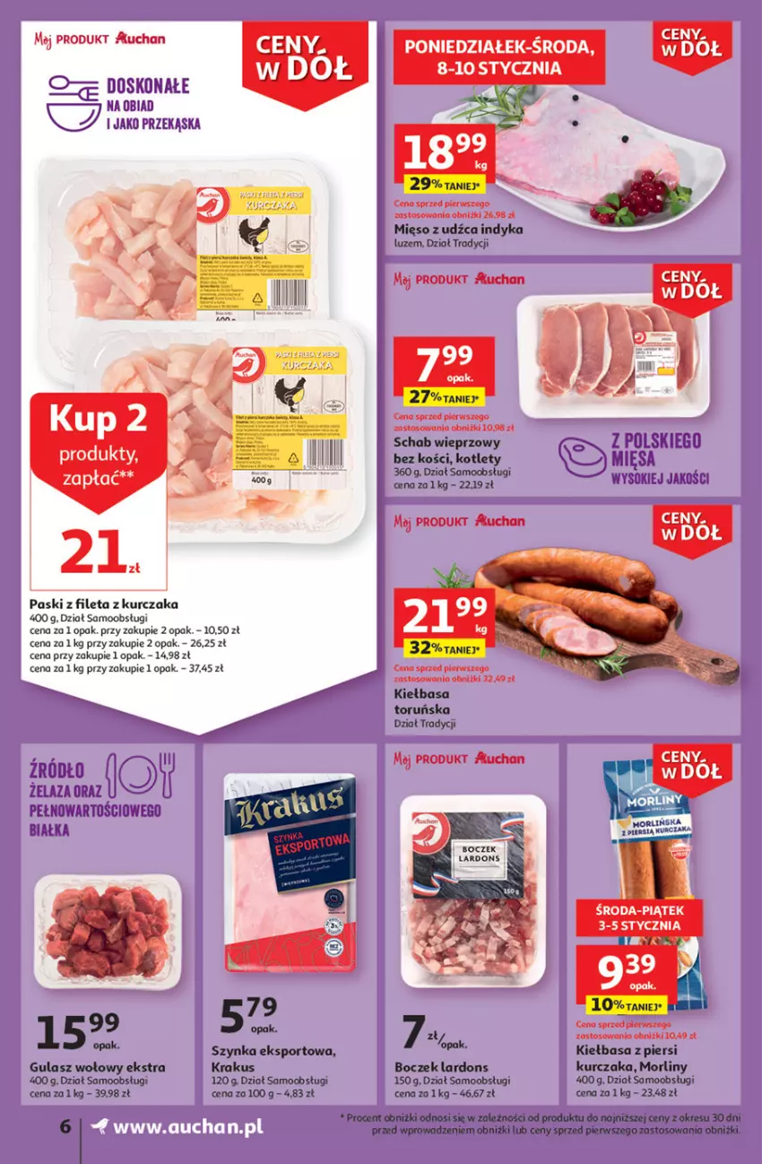 Gazetka promocyjna Auchan - Gazetka Ceny w dół Część 1 Supermarket Auchan - ważna 03.01 do 10.01.2024 - strona 6 - produkty: Boczek, Fa, Gulasz wołowy, Kiełbasa, Kotlet, Krakus, Kurczak, Mięso, Morliny, Por, Schab wieprzowy, Sok, Sport, Szynka