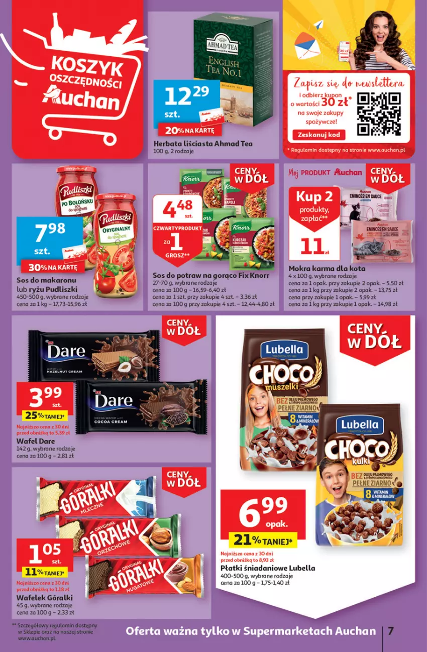 Gazetka promocyjna Auchan - Gazetka Ceny w dół Część 1 Supermarket Auchan - ważna 03.01 do 10.01.2024 - strona 7 - produkty: Bell, Bella, Danio, Góralki, Herbata, Lubella, Makaron, Pudliszki, Ryż, Sos, Wafelek