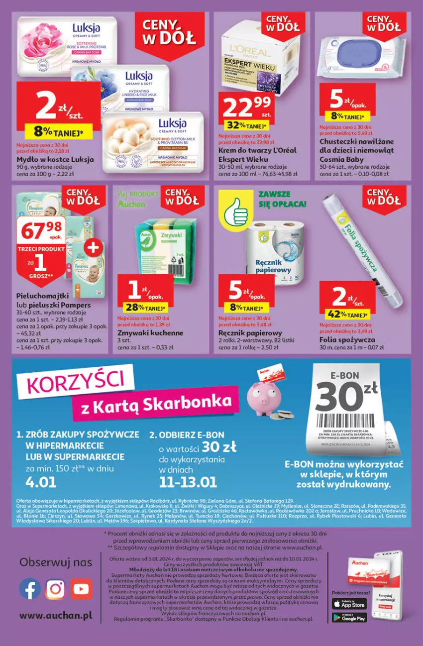 Gazetka promocyjna Auchan - Gazetka Ceny w dół Część 1 Supermarket Auchan - ważna 03.01 do 10.01.2024 - strona 8 - produkty: Chusteczki, Dzieci, Fa, Gra, Krem do twarzy, Luksja, Majtki, Mydło, Pampers, Papier, Piast, Pieluchomajtki, Ręcznik, Rolki, Ser, Zmywaki kuchenne