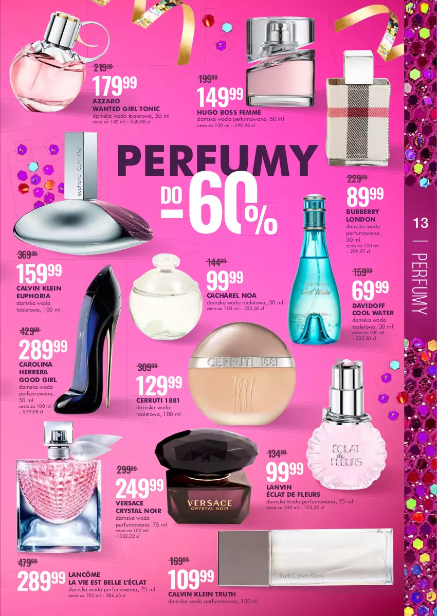 Gazetka promocyjna Super Pharm - Gazetka - ważna 17.02 do 02.03.2022 - strona 13 - produkty: Azzaro, Bell, Burberry, Cacharel, Calvin Klein, Carolina Herrera, Cerruti, Davidoff, Hugo Boss, Lancôme, Lanvin, Perfum, Versace, Woda, Woda perfumowana, Woda toaletowa