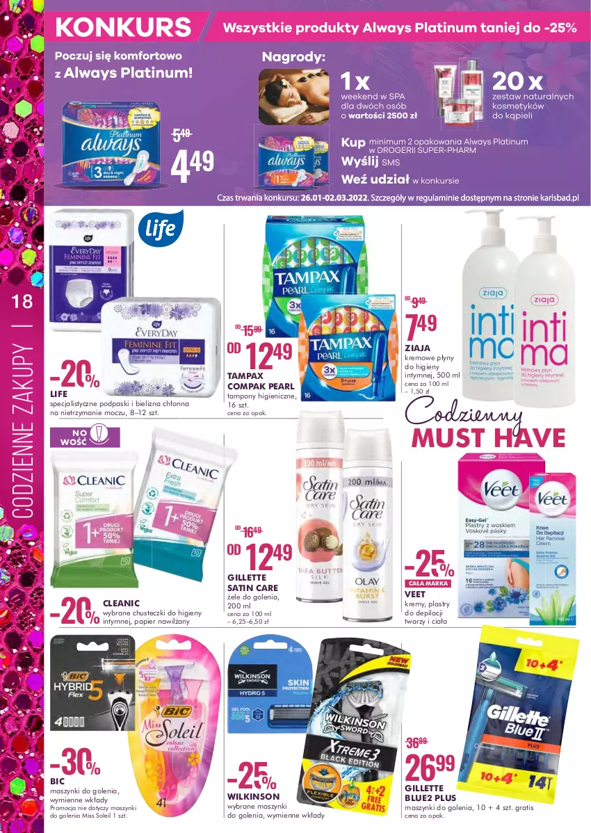 Gazetka promocyjna Super Pharm - Gazetka - ważna 17.02 do 02.03.2022 - strona 18 - produkty: BIC, Bielizna, Chusteczki, Chusteczki do higieny, Cleanic, Gillette, Gra, Mus, Papier, Pax, Plastry do depilacji, Podpaski, Sati, Tampax, Tampony, Veet, Ziaja