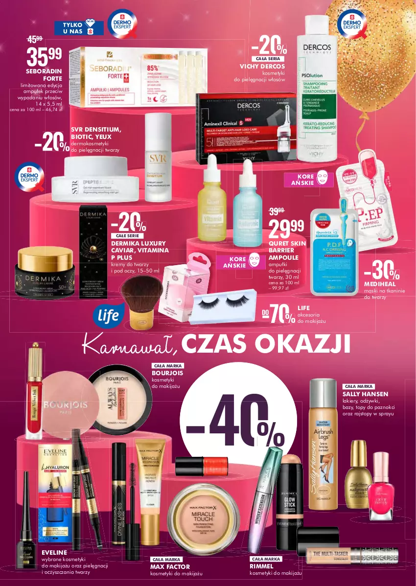 Gazetka promocyjna Super Pharm - Gazetka - ważna 17.02 do 02.03.2022 - strona 4 - produkty: Bourjois, Dermika, Eveline, Fa, Kosmetyki do pielęgnacji, Lakier, Makijaż, Max Factor, Quret, Rajstopy, Sally Hansen, Seboradin, Ser, SVR, Top, Vichy