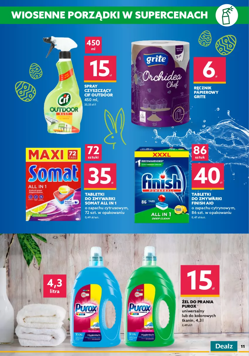 Gazetka promocyjna Dealz - NOWA GAZETKAO kurczę! Ale ceny! - ważna 23.03 do 05.04.2022 - strona 11 - produkty: Ariel, Cif, Finish, Kapsułki do prania, Odplamiacz, Papier, Płyn do płukania, Płyn do prania, Por, Pur, Ręcznik, Somat, Tablet, Tabletki do zmywarki, Zmywarki