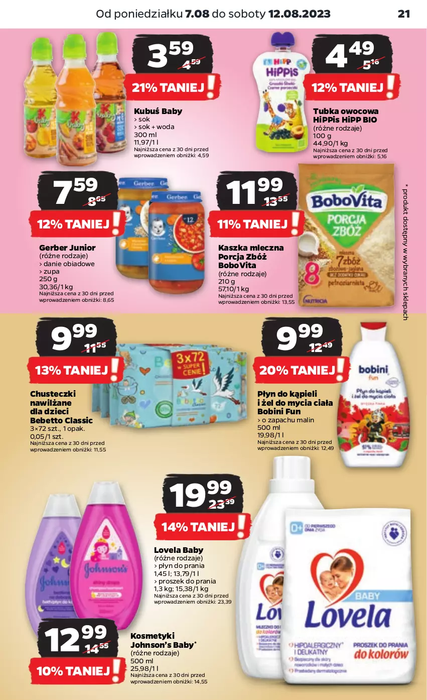 Gazetka promocyjna Netto - Artykuły spożywcze - ważna 07.08 do 12.08.2023 - strona 21 - produkty: BoboVita, Chusteczki, Dzieci, Gerber, HiPP, Hipp Bio, Kubuś, Lovela, Płyn do kąpieli, Płyn do prania, Por, Proszek do prania, Sok, Woda, Zupa