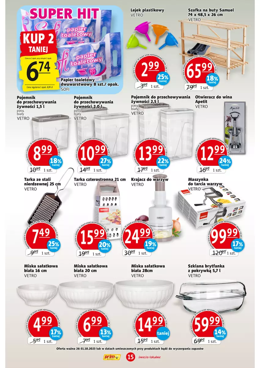 Gazetka promocyjna Prim Market - ważna 26.10 do 31.10.2023 - strona 15 - produkty: Brytfanka, Buty, Fa, LANA, Maszynka, Miska, Otwieracz, Pojemnik, Pojemnik do przechowywania, Sałat, Szafka, Szafka na buty, Szynka, Tarka