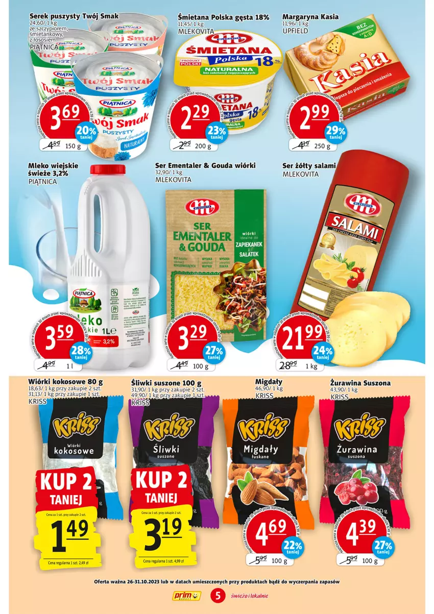 Gazetka promocyjna Prim Market - ważna 26.10 do 31.10.2023 - strona 5 - produkty: Ementaler, Gouda, Kokos, Margaryna, Migdały, Mleko, Mlekovita, Piątnica, Salami, Ser, Wiórki kokosowe