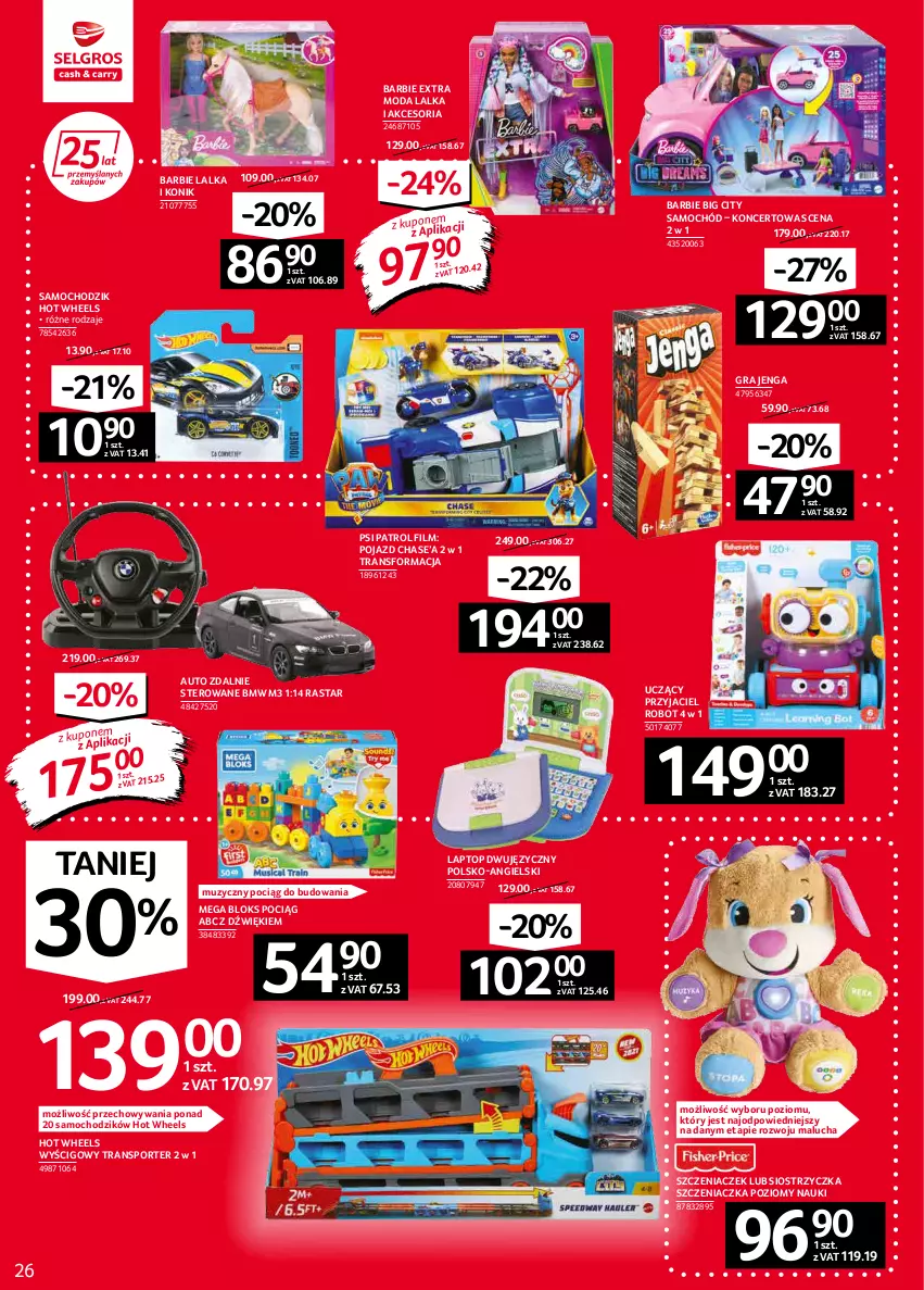 Gazetka promocyjna Selgros - Oferta przemysłowa - ważna 03.02 do 16.02.2022 - strona 26 - produkty: Barbie, Chodzik, Gra, Hot Wheels, Lalka, Mega Bloks, Moda, Pociąg, Pojazd, Por, Psi Patrol, Robot, Samochód, Sport, Top, Tran