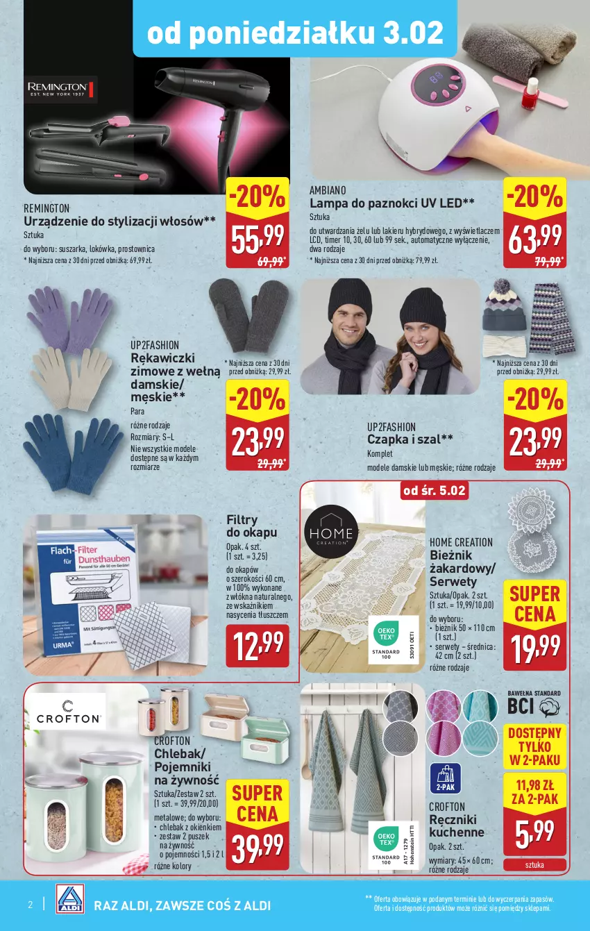 Gazetka promocyjna Aldi - Artykuły przemysłowe i tekstylia - ważna 29.01 do 01.02.2025 - strona 2 - produkty: Bieżnik, Chleb, Chlebak, Czapka, Fa, Lakier, Lampa, Lokówka, Okap, Pojemnik, Ręcznik, Remington, Ser, Suszarka, Szal