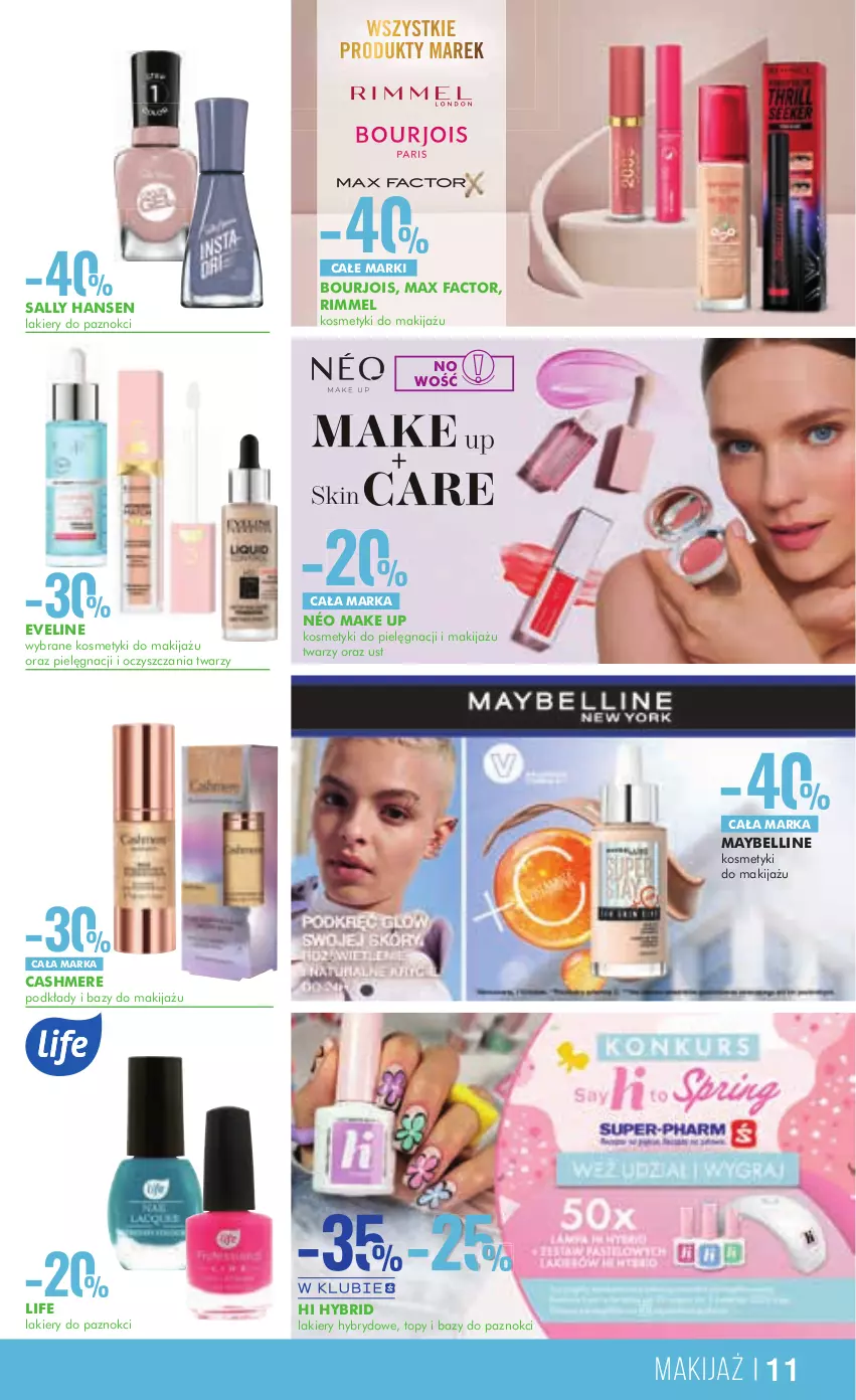 Gazetka promocyjna Super Pharm - Gazetka - ważna 19.03 do 03.04.2024 - strona 11 - produkty: Bell, Bourjois, Eveline, Fa, Kosmetyki do pielęgnacji, Lakier, Makijaż, Max Factor, Maybelline, Podkład, Sally Hansen, Top