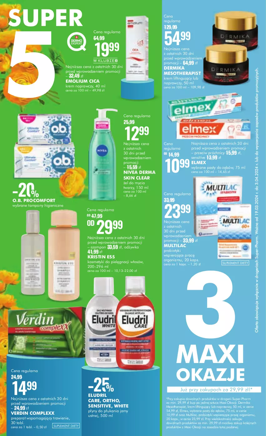 Gazetka promocyjna Super Pharm - Gazetka - ważna 19.03 do 03.04.2024 - strona 2 - produkty: Dermika, Elmex, Emolium, Kosmetyki do pielęgnacji, Multilac, Nivea, O.B., Odżywka, Olej, Probiotyk, Suplement diety, Szampon, Tampony