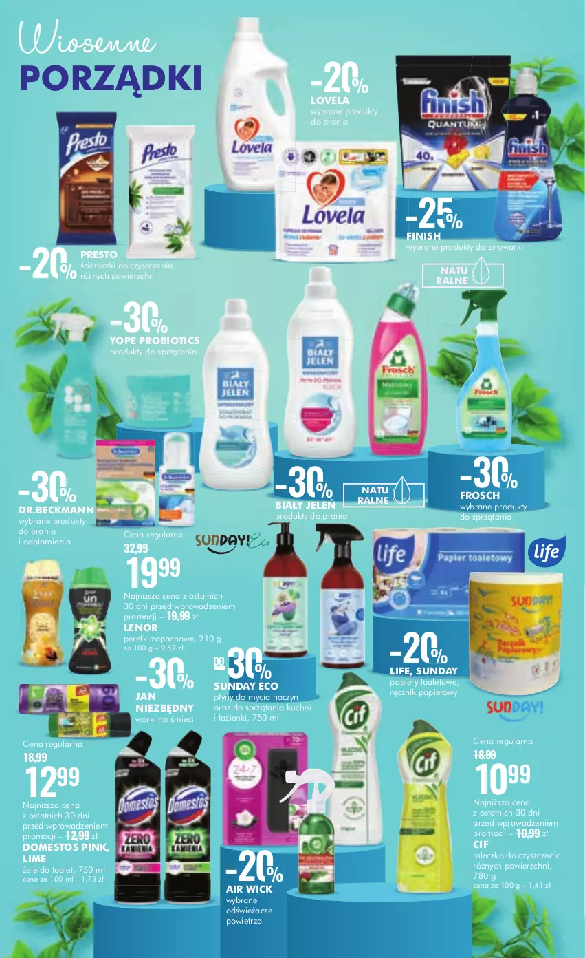 Gazetka promocyjna Super Pharm - Gazetka - ważna 19.03 do 03.04.2024 - strona 6 - produkty: Air Wick, Biały Jeleń, Cif, Do mycia naczyń, Domestos, Finish, Frosch, Jan Niezbędny, Lenor, Lovela, Mleczko, Papier, Perełki zapachowe, Por, Presto, Ręcznik, Worki na śmiec, Worki na śmieci, Yope, Zmywarki