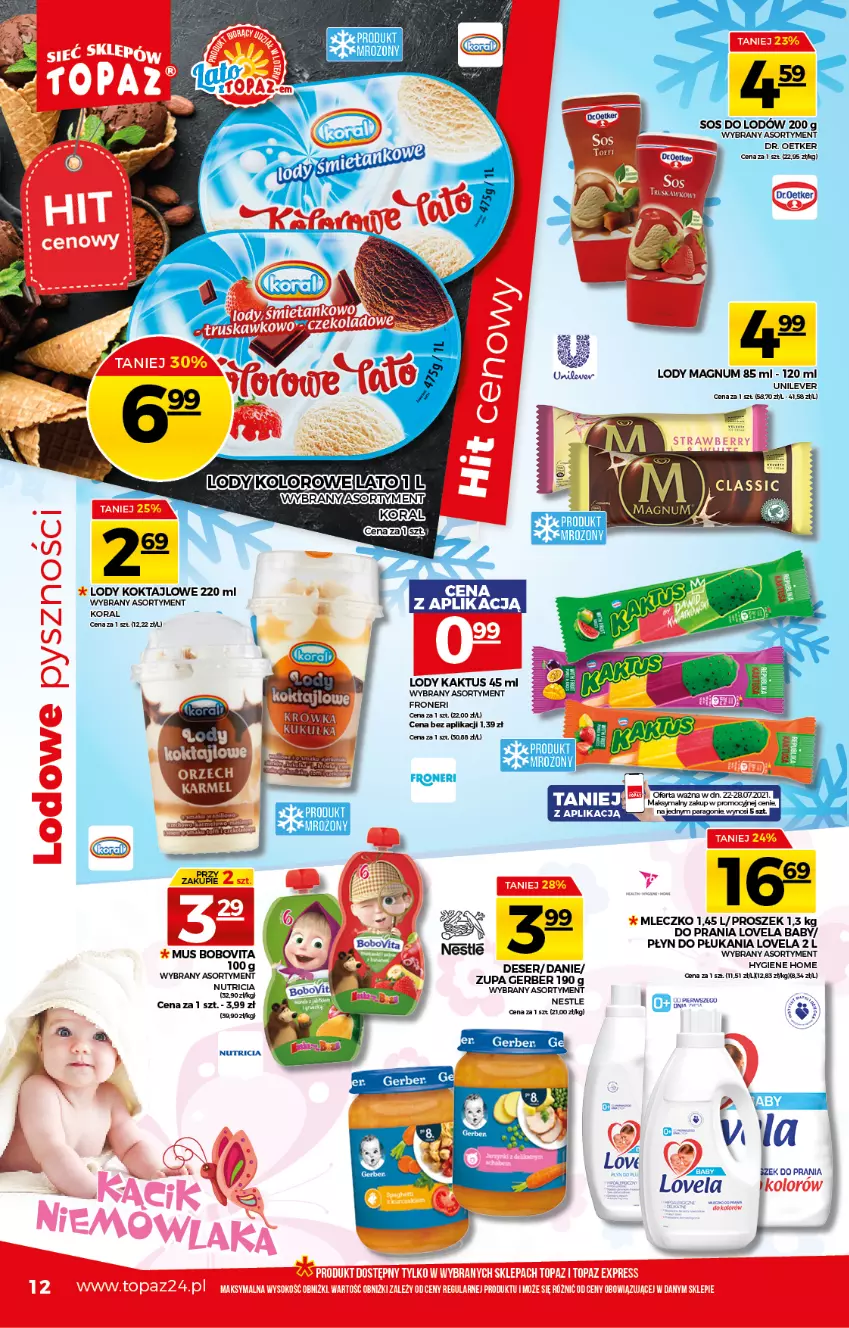 Gazetka promocyjna Topaz - Gazetka - ważna 22.07 do 28.07.2021 - strona 12 - produkty: Dr. Oetker, Gerber, Kaktus, Lody, Lovela, Mleczko, Płyn do płukania, Sos, Zupa