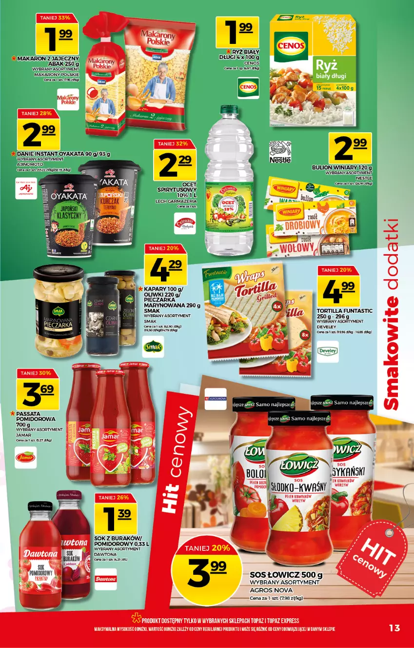 Gazetka promocyjna Topaz - Gazetka - ważna 22.07 do 28.07.2021 - strona 13 - produkty: Bulion, Lion, Makaron, Ocet, Piec, Sos, Tortilla