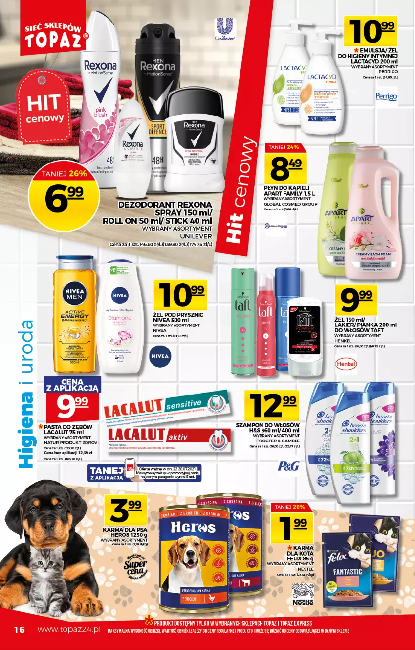 Gazetka promocyjna Topaz - Gazetka - ważna 22.07 do 28.07.2021 - strona 16 - produkty: Dezodorant, Emulsja, Lacalut, Lactacyd, Lakier, Nivea, Pasta do zębów, Por, Rexona, Sport, Szampon, Taft