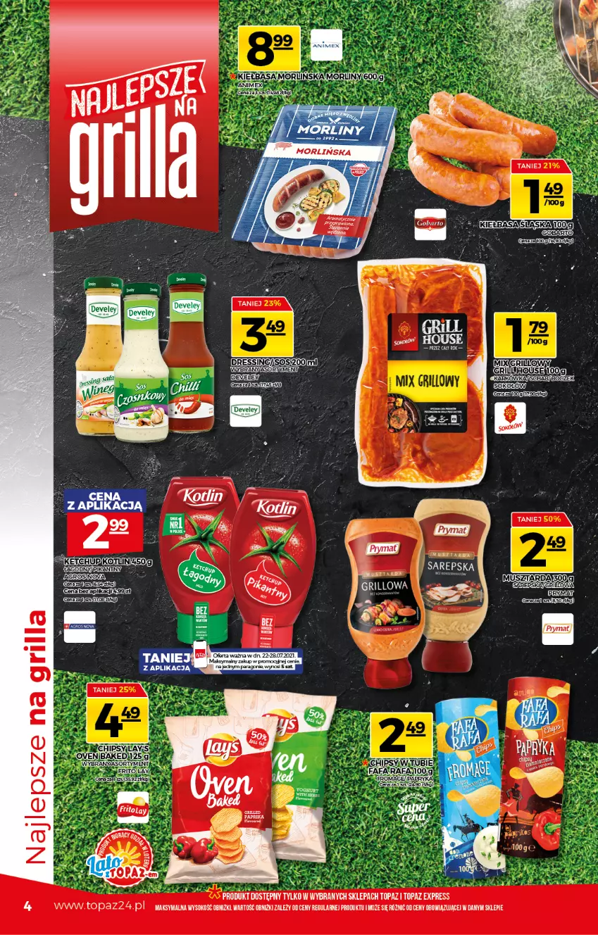 Gazetka promocyjna Topaz - Gazetka - ważna 22.07 do 28.07.2021 - strona 4 - produkty: Boczek, Chipsy, Dres, Fa, Grill, Morliny, Mus, Musztarda, Papryka, Prymat, Sok, Top