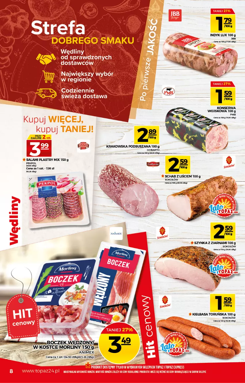 Gazetka promocyjna Topaz - Gazetka - ważna 22.07 do 28.07.2021 - strona 8 - produkty: Indyk lux, Kiełbasa, Salami, Ser, Sok, Sokołów, Szynka