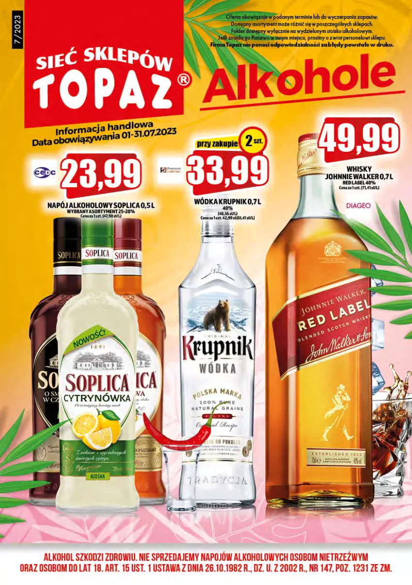 Gazetka promocyjna Topaz - Gazetka - ważna 01.07 do 31.07.2023 - strona 1 - produkty: Johnnie Walker, Krupnik, Napój, Soplica, Whisky, Wódka