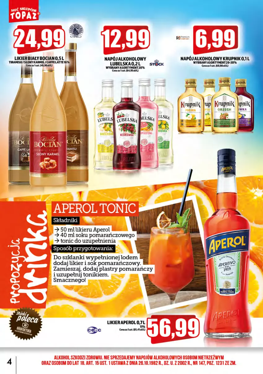 Gazetka promocyjna Topaz - Gazetka - ważna 01.07 do 31.07.2023 - strona 4 - produkty: Aperol, Biały Bocian, Krupnik, Lanki, Likier, Napój, Sok, Sok pomarańczowy, Tonik