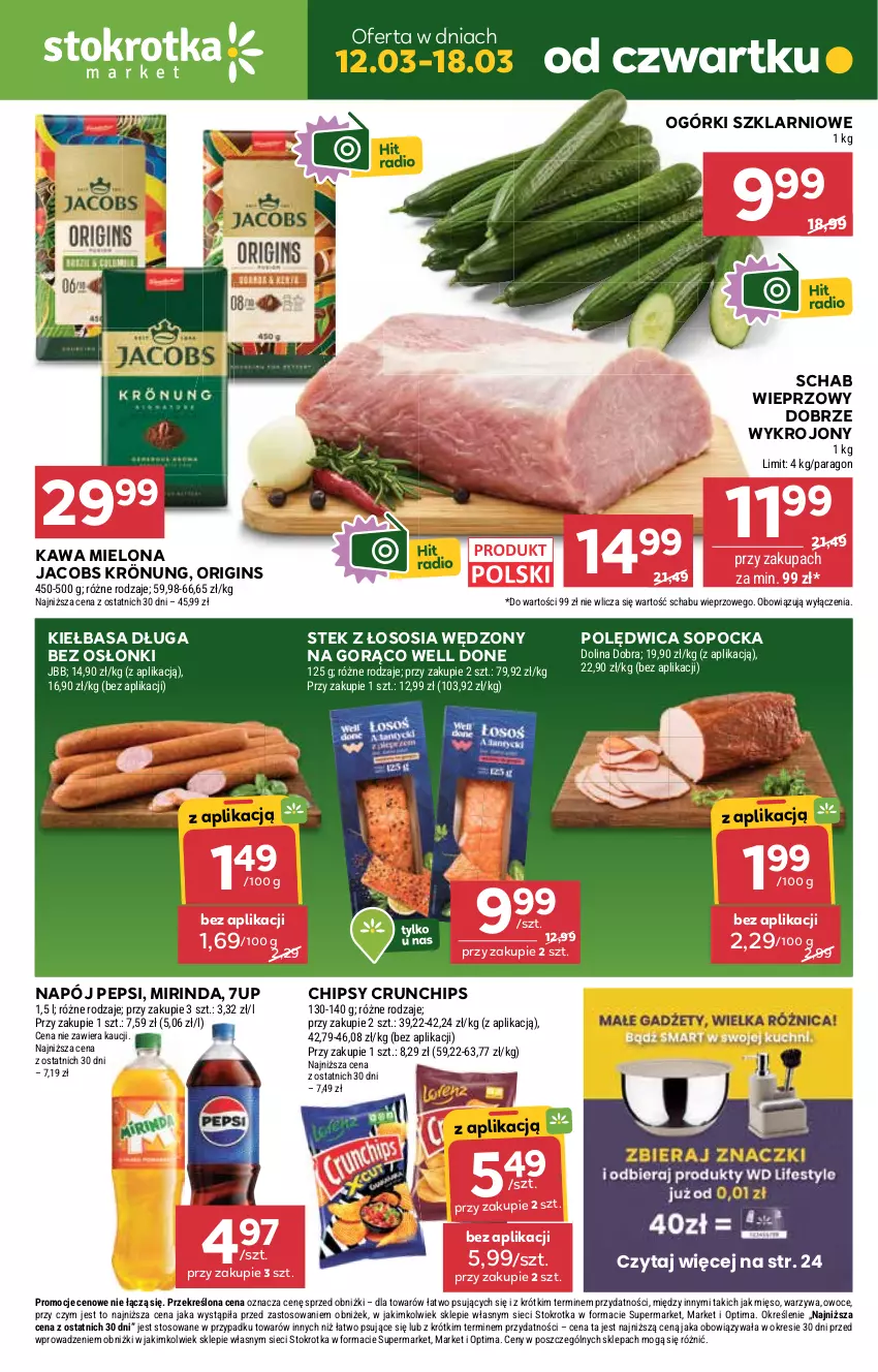 Gazetka promocyjna Stokrotka - Market - ważna 12.03 do 18.03.2026 - strona 1 - produkty: 7up, Chipsy, Crunchips, Gin, Jacobs, Jacobs Krönung, Kawa, Kawa mielona, Kiełbasa, Mięso, Mirinda, Napój, Optima, Owoce, Pepsi, Polędwica, Schab wieprzowy, Sos, Stek, Warzywa