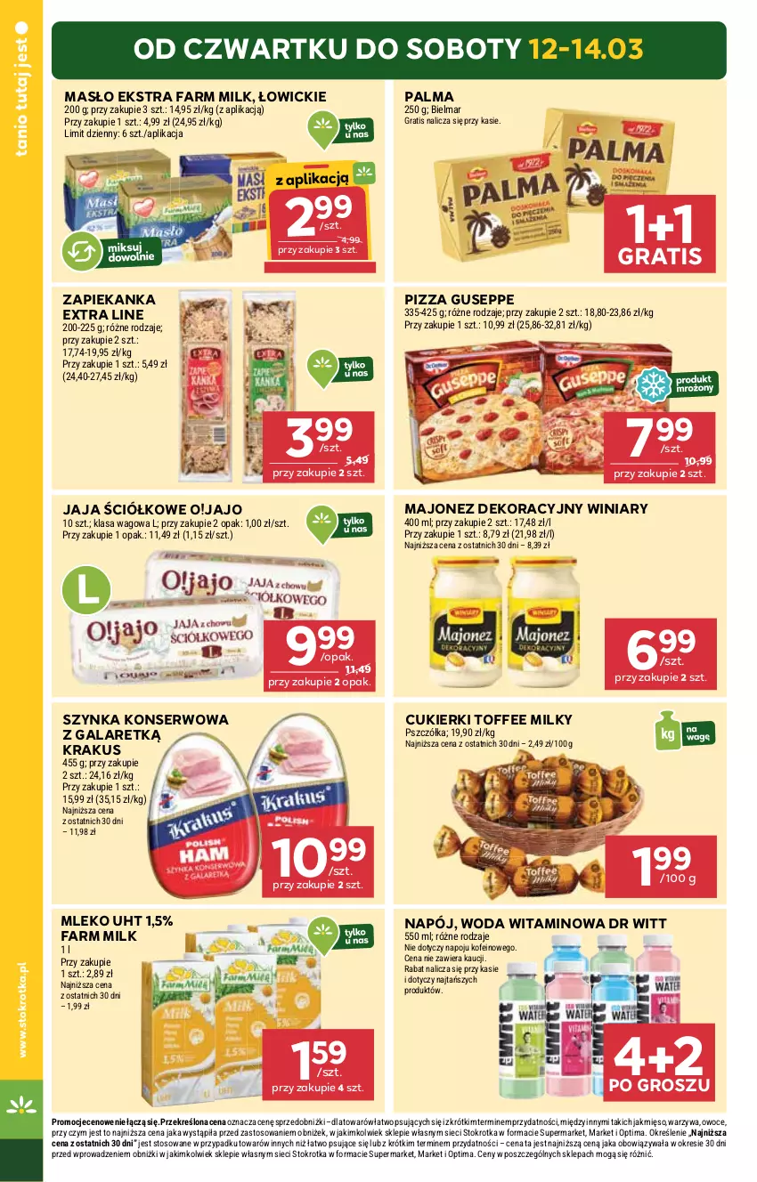Gazetka promocyjna Stokrotka - Market - ważna 12.03 do 18.03.2026 - strona 2 - produkty: Cukier, Cukierki, Fa, Farm Milk, Gala, Gra, Jaja, Krakus, Majonez, Masło, Mięso, Mleko, Napój, Optima, Owoce, Palma, Pizza, Ser, Szynka, Szynka konserwowa, Warzywa, Winiary, Woda, Zapiekanka
