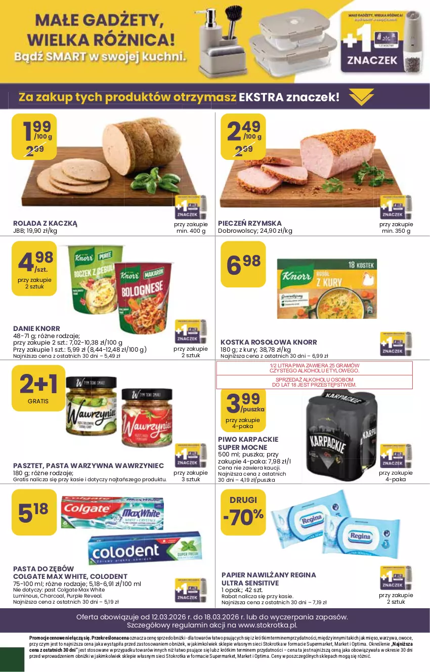 Gazetka promocyjna Stokrotka - Market - ważna 12.03 do 18.03.2026 - strona 24 - produkty: Colgate, Gin, Gra, Karp, Knorr, LG, Mięso, Optima, Owoce, Papier, Pasta do zębów, Pasta warzywna, Pasztet, Piec, Pieczeń rzymska, Piwa, Piwo, Pur, Rolada, Warzywa