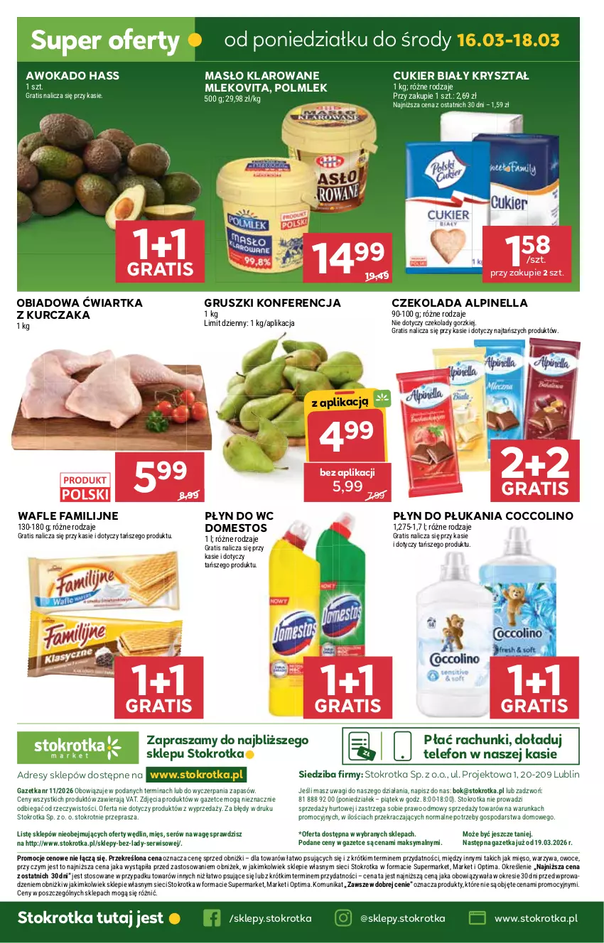 Gazetka promocyjna Stokrotka - Market - ważna 12.03 do 18.03.2026 - strona 28 - produkty: Coccolino, Cukier, Czekolada, Domestos, Dres, Fa, Gra, Gruszki, JBL, Kurczak, Masło, Masło klarowane, Mięso, Mleko, Mlekovita, O nas, Optima, Owoce, Płyn do płukania, Płyn do wc, POLMLEK, Ser, Telefon, Wafle, Wagi, Warzywa