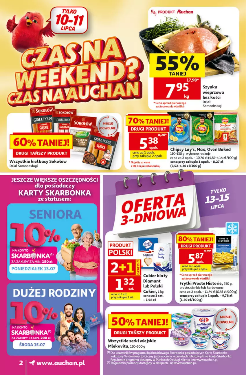 Gazetka promocyjna Auchan - Gazetka 30 Lat Supermarket Auchan - ważna 09.07 do 15.07.2026 - strona 2 - produkty: Chipsy, Cukier, Diamant, Frytki, Mleko, Mlekovita, Ser, Sok, Sokołów, Szynka, Szynka wieprzowa