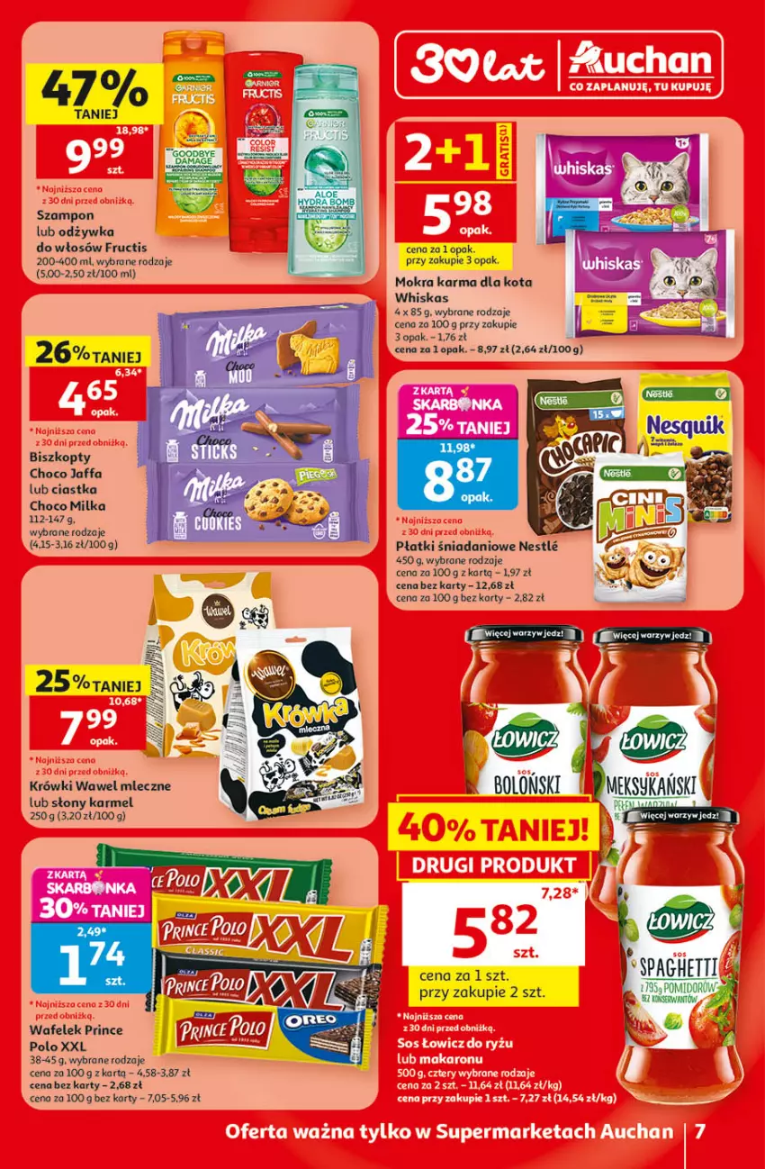 Gazetka promocyjna Auchan - Gazetka 30 Lat Supermarket Auchan - ważna 09.07 do 15.07.2026 - strona 7 - produkty: Biszkopty, Ciastka, Danio, Fa, Fructis, Milka, Mokra karma, Odżywka, Prince Polo, Szampon, Wafelek, Wawel, Whiskas