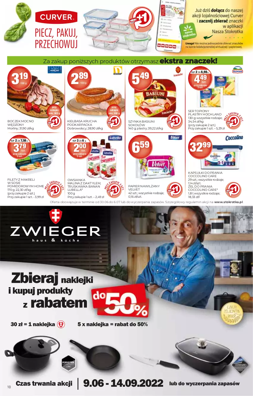 Gazetka promocyjna Stokrotka - Market - ważna 30.06 do 06.07.2022 - strona 10 - produkty: Bell, Bella, Boczek, Coccolino, Daktyle, Hochland, Kapsułki do prania, Karp, Kiełbasa, Kiełbasa krucha, Lubella, Morliny, Owsianka, Papier, Ser, Ser topiony, Sok, Sokołów, Sos, Szynka, Top, Velvet