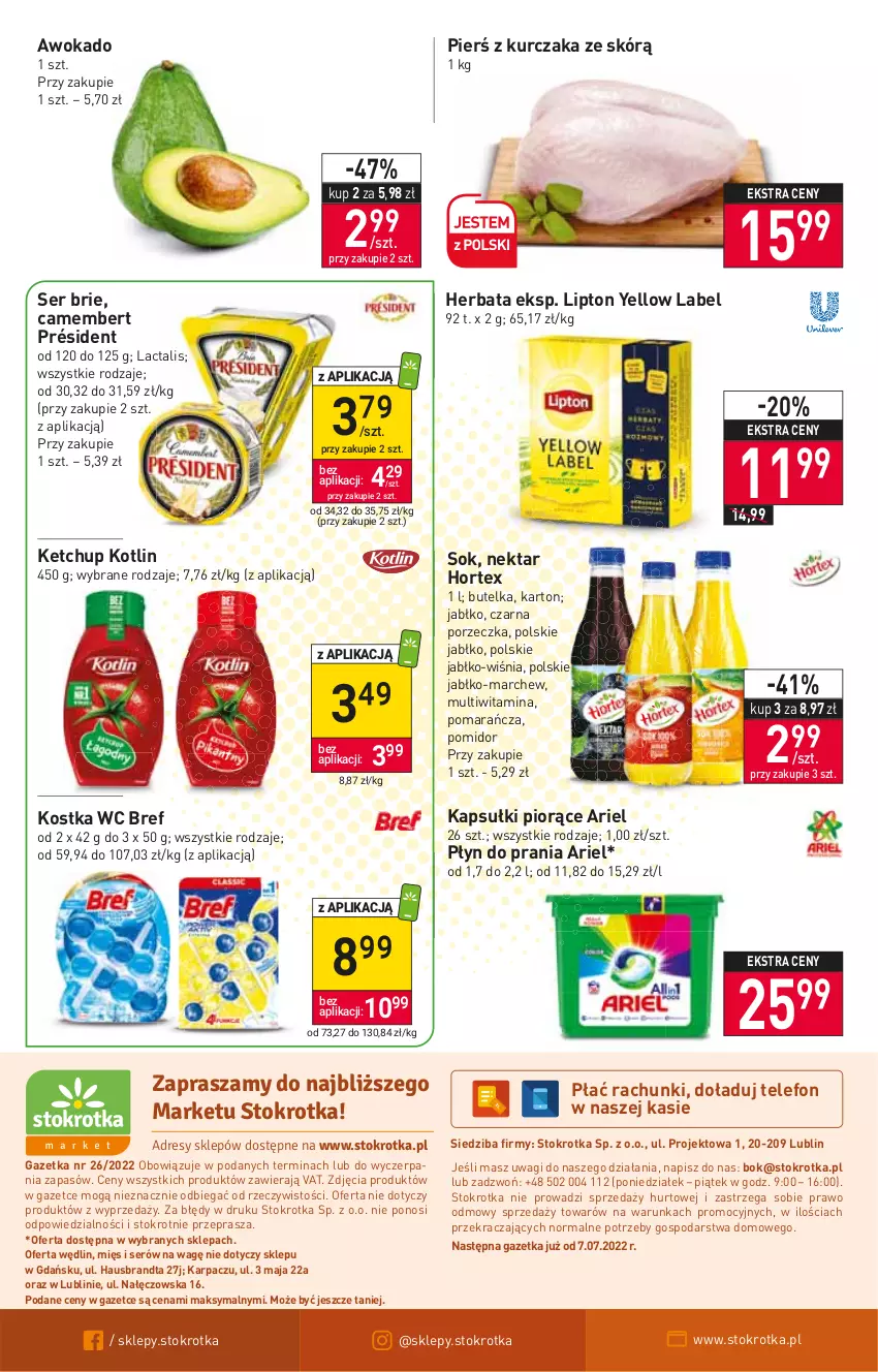 Gazetka promocyjna Stokrotka - Market - ważna 30.06 do 06.07.2022 - strona 12 - produkty: Ariel, Bref, Brie, Camembert, Herbata, Hortex, Karp, Ketchup, Kotlin, Kurczak, Lipton, Nektar, O nas, Płyn do prania, Por, Président, Ser, Sok, Telefon, Wagi