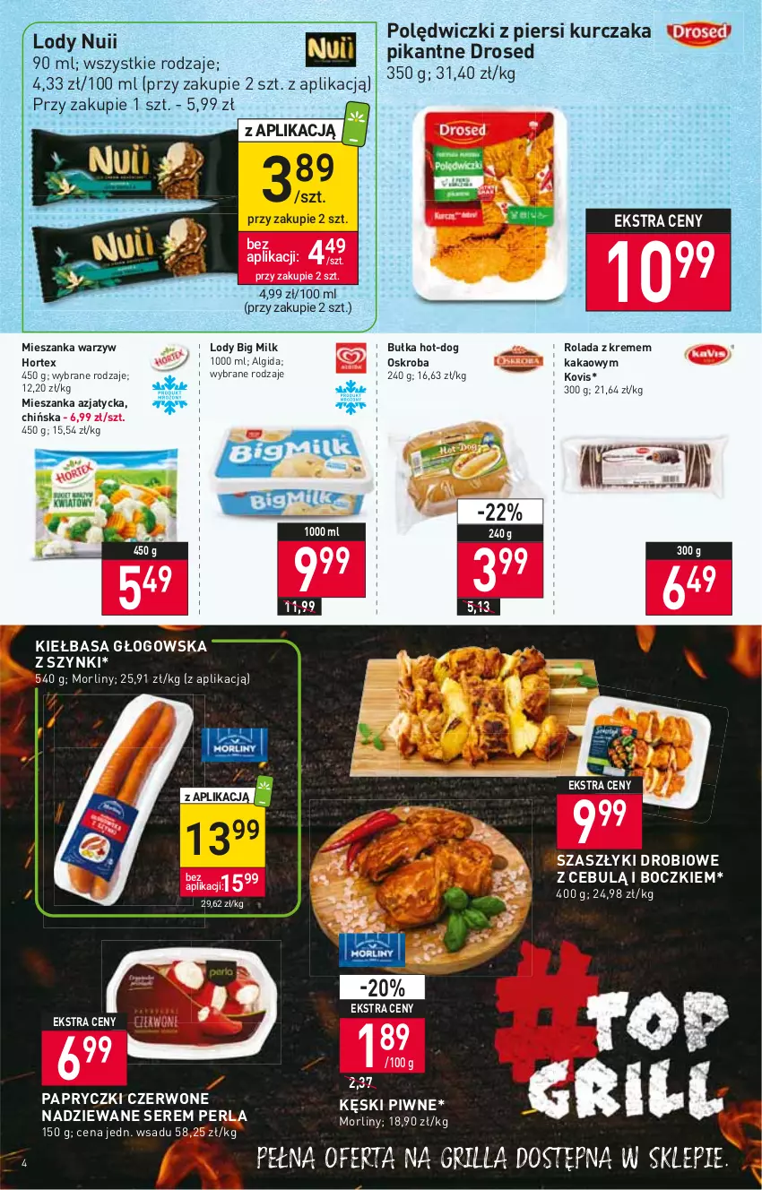 Gazetka promocyjna Stokrotka - Market - ważna 30.06 do 06.07.2022 - strona 4 - produkty: Algida, Big Milk, Bułka, Grill, Hortex, Kakao, Kęski piwne, Kiełbasa, Kiełbasa głogowska, Kurczak, LG, Lody, Mieszanka warzyw, Morliny, Rolada, Ser