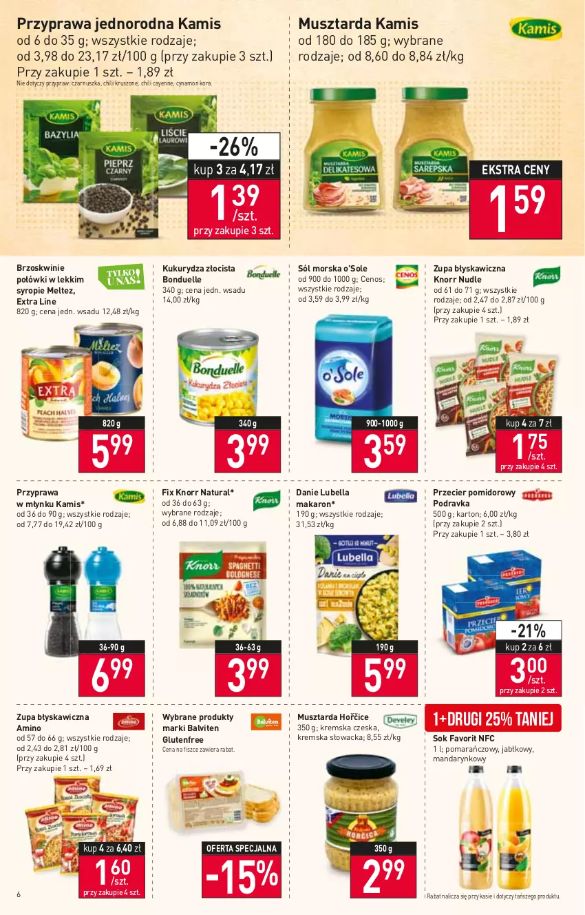 Gazetka promocyjna Stokrotka - Market - ważna 30.06 do 06.07.2022 - strona 6 - produkty: Bell, Bella, Bonduelle, Brzoskwinie, Cenos, Fa, Kamis, Knorr, Kukurydza, Lubella, Makaron, Mus, Musztarda, Podravka, Sok, Sól, Syrop, Zupa