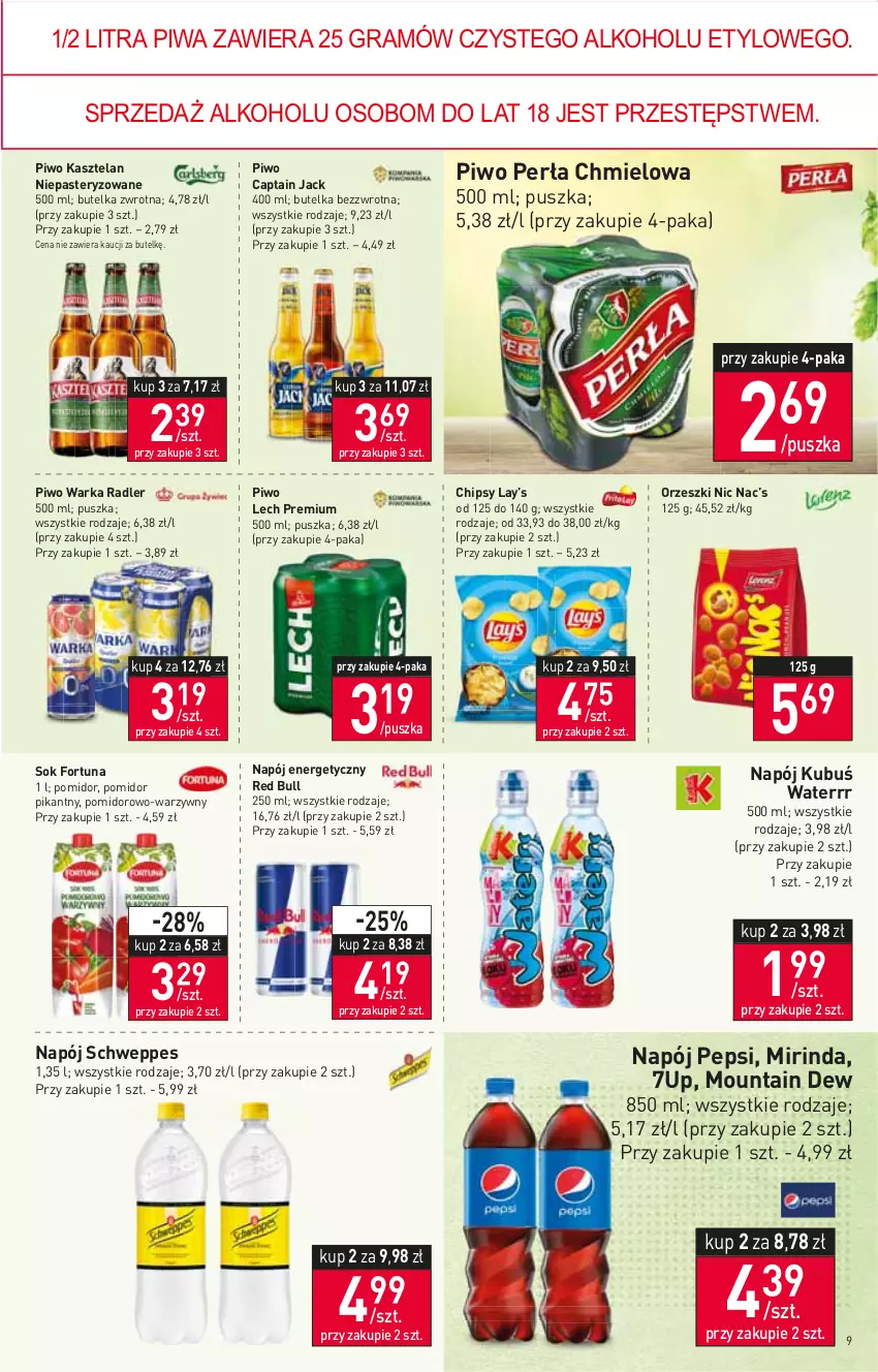 Gazetka promocyjna Stokrotka - Market - ważna 30.06 do 06.07.2022 - strona 9 - produkty: 7up, Captain Jack, Chipsy, Fortuna, Gra, Kasztelan, Kubuś, Kubuś Waterrr, Lay’s, Lech Premium, Mirinda, Napój, Napój energetyczny, Orzeszki, Pepsi, Perła, Piwa, Piwo, Radler, Red Bull, Schweppes, Sok, Warka