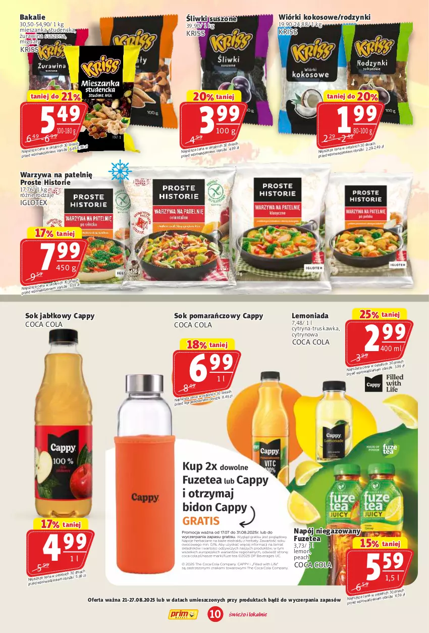 Gazetka promocyjna Prim Market - ważna 21.08 do 27.08.2025 - strona 10 - produkty: Cappy, Kokos, Lemoniada, Mieszanka studencka, Migdały, Napój, Napój niegazowany, Rodzynki, Sok, Sok jabłkowy, Sok pomarańczowy, Warzywa, Wiórki kokosowe