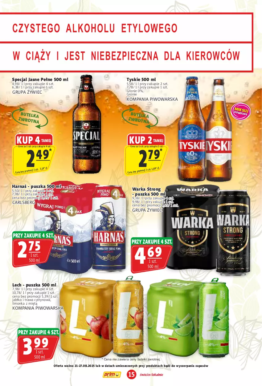Gazetka promocyjna Prim Market - ważna 21.08 do 27.08.2025 - strona 15 - produkty: Carlsberg, Harnaś, Limonka, Piwo, Tyskie, Warka