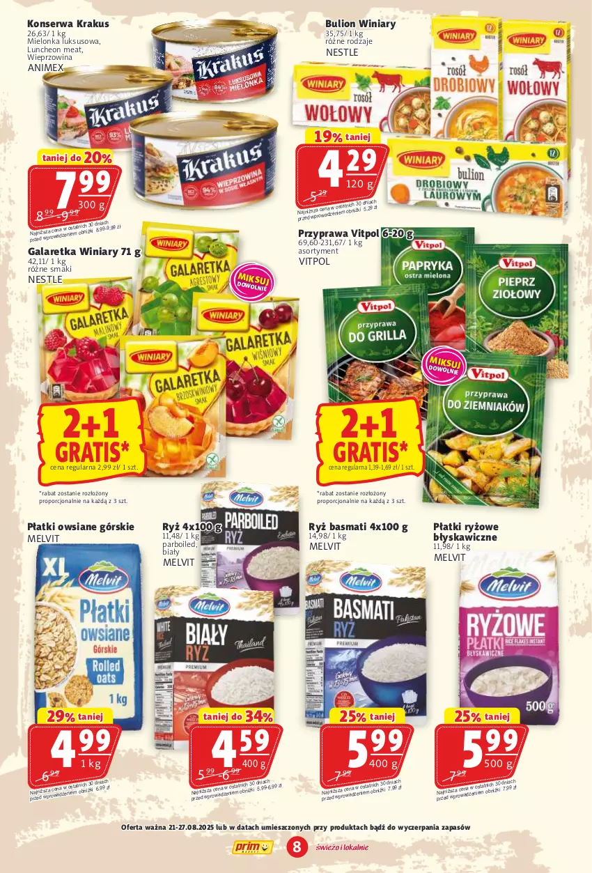 Gazetka promocyjna Prim Market - ważna 21.08 do 27.08.2025 - strona 8 - produkty: Bulion, Gala, Galaretka, Gra, Krakus, Lion, Melvit, Płatki owsiane, Płatki ryżowe, Por, Ryż, Ryż basmati, Ser, Wieprzowina, Winiary