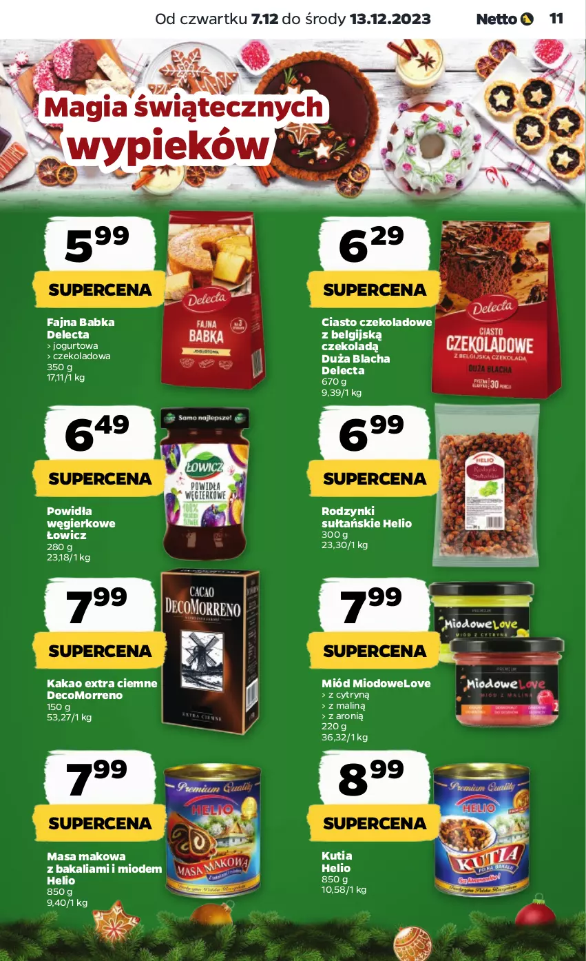 Gazetka promocyjna Netto - Artykuły spożywcze - ważna 07.12 do 13.12.2023 - strona 11 - produkty: Babka, Ciasto czekoladowe, Delecta, Fa, Helio, Jogurt, Kakao, LG, Miód, Rodzynki