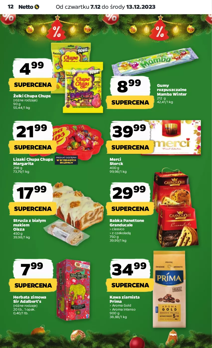 Gazetka promocyjna Netto - Artykuły spożywcze - ważna 07.12 do 13.12.2023 - strona 12 - produkty: Babka, Chupa Chups, Gra, Herbata, Kawa, Kawa ziarnista, Lizaki, Mamba, Merci, Prima, Strucla