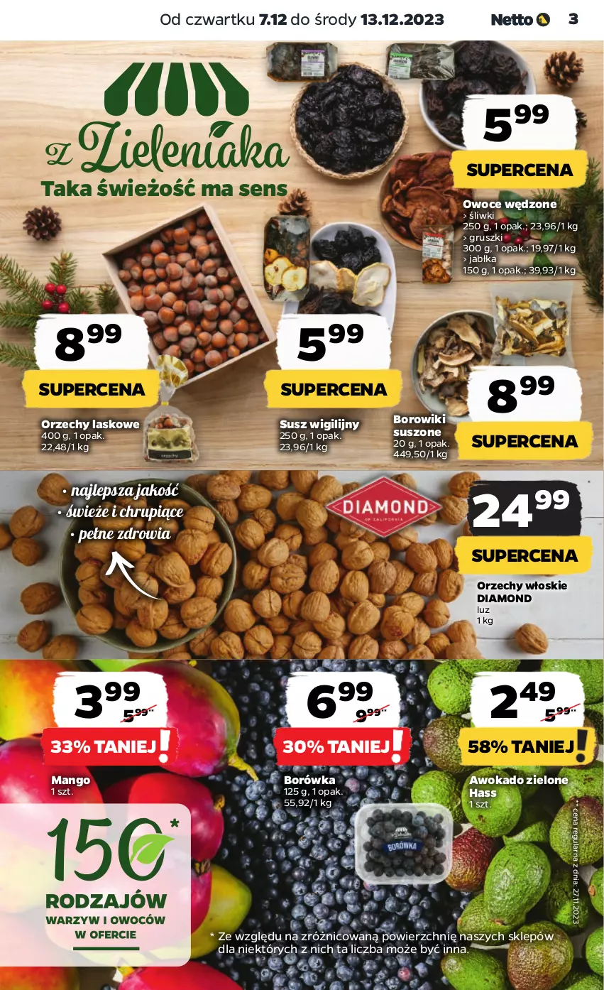 Gazetka promocyjna Netto - Artykuły spożywcze - ważna 07.12 do 13.12.2023 - strona 3 - produkty: Borowiki, Borówka, Gruszki, Jabłka, Mango, Orzechy włoskie, Owoce