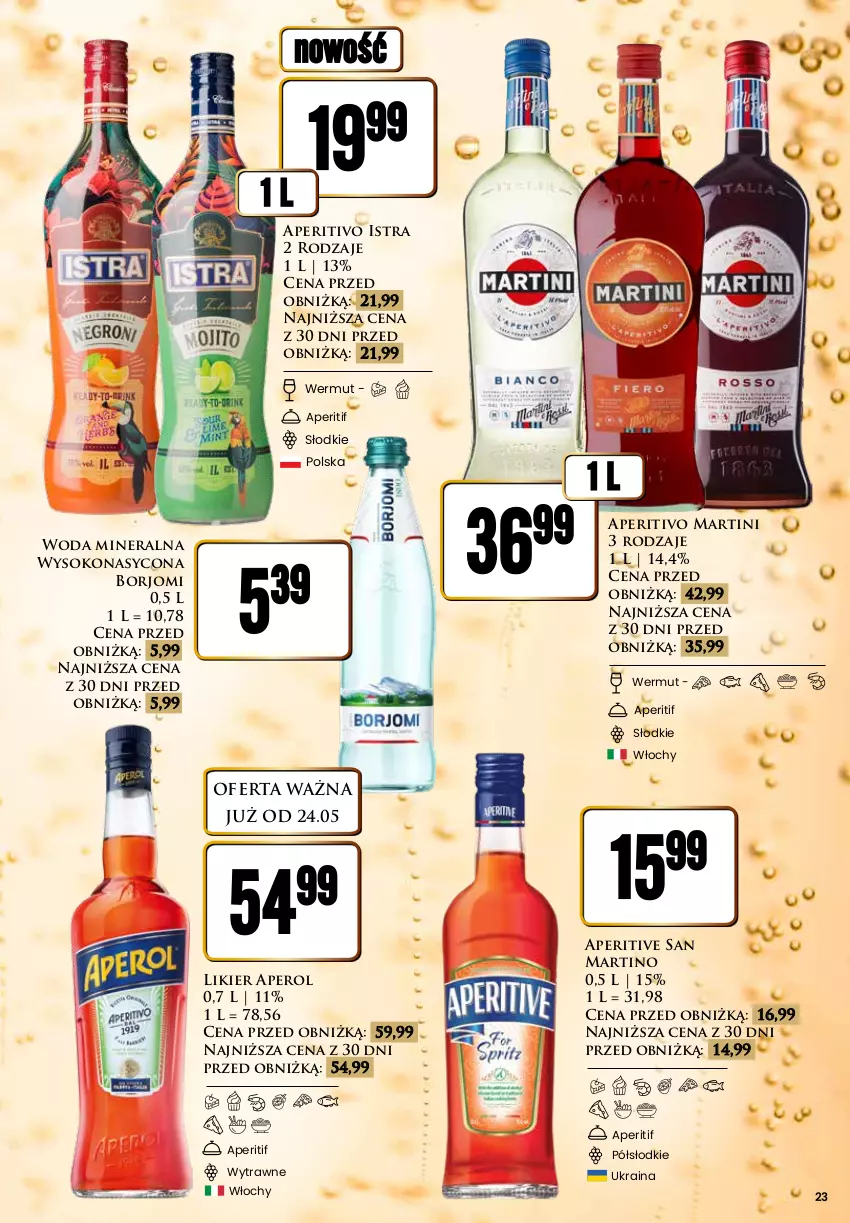 Gazetka promocyjna Dino - Katalog alkoholowy / maj 2024 - ważna 27.05 do 01.06.2024 - strona 23 - produkty: Aperol, Likier, Martini, Sok, Woda, Woda mineralna