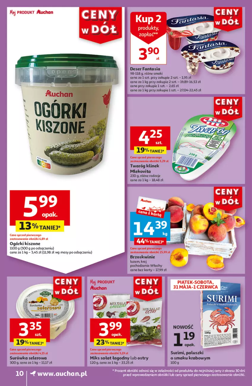 Gazetka promocyjna Auchan - Gazetka CENY W DÓŁ Supermarket Auchan - ważna 31.05 do 05.06.2024 - strona 10 - produkty: Brzoskwinie, Deser, Fa, Fanta, Mleko, Mlekovita, Sałat, Ser, Surimi, Surówka, Twaróg